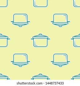 Green Cooking pot icon isolated seamless pattern on yellow background. Boil or stew food symbol.  Vector Illustration