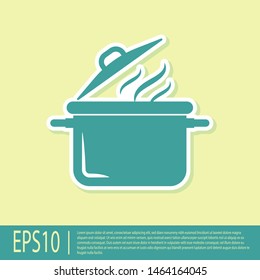 Green Cooking pot icon isolated on yellow background. Boil or stew food symbol.  Vector Illustration