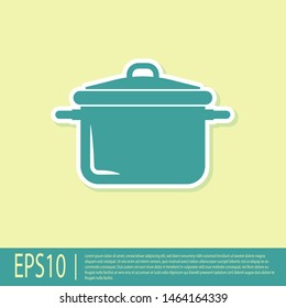 Green Cooking pot icon isolated on yellow background. Boil or stew food symbol.  Vector Illustration
