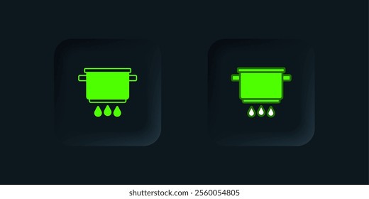 Green Cooking pot on fire icon isolated on black background. Boil or stew food symbol. Black square button. Vector