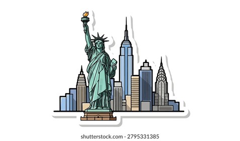 Green copper statue holding torch high