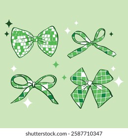 Green Coquette Bows with Disco Aesthetic. A set of hand-drawn green bows with a checkered disco-inspired design, perfect for festive and stylish themes.