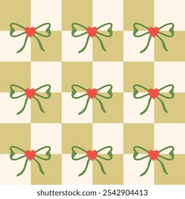 Caqueta verde hace lazos corazones sin patrón sobre un fondo a cuadros. para impresiones, papel de regalo, Fondo de pantalla, textil, estacionario, tela