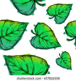 Green Cordate Leaves Watercolor Pattern