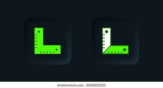 Green Corner ruler icon isolated on black background. Setsquare, angle ruler, carpentry, measuring utensil, scale. Black square button. Vector