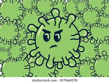 green corona virus with face, with background and pattern of small green viruses floating. disease and cure