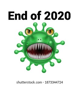 Green Corona Virus Monster in Cartoon Style. A Tentacled Monster COVID-19 is a Dangerous Virus Icon End of 2020. The Character is an Evil Microbe of Green Color with White Teeth, Tongue, and Eyes