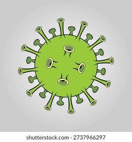 A green coronavirus or bacteria cell vector illustration with a spiky structure, depicted in a cartoon style on a blue background. This detailed flat vector artwork is perfect for healthcare, medical, scientific, educational, or awareness-related designs. Ideal for infographics, research presentations, websites, apps, and marketing materials. Its clean, versatile, and visually striking design works well for both web and print applications, making it a useful resource for scientists, educators, content creators, and designers working on virus, health, or microbiology-themed projects.