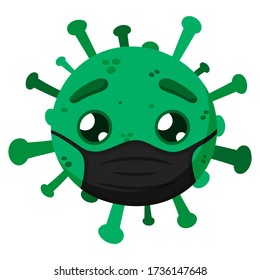 Green coronavirus with a black face mask. Сovid-19. Funny cartoon character with emotion. Sad. Vector illustration isolated on a white background.