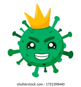 Green coronavirus with a crown. . Funny cartoon character with angry emotion. Arrogant smirking Сovid-19 Vector. Illustration isolated on a white background.