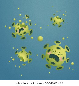 Green coronavirus dying out in the air on blue background, COVID-19 illustration