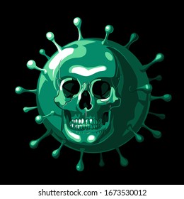 Green coronavirus in the form of a skull on a black background. Isolated vector illustration.