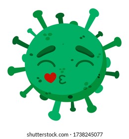 Green coronavirus with a heart. Сovid-19. Funny cartoon character with emotion. In love, happy, kissed. Vector illustration isolated on a white background.