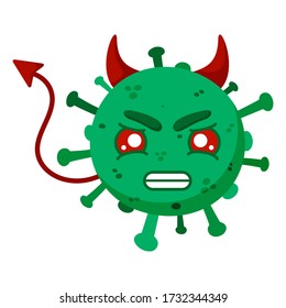 Green coronavirus with a horns and tail. Angry, aggressive devil. Сovid-19. Funny cartoon character with emotion. Vector illustration isolated on a white background.