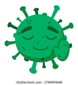Green coronavirus. Stop panic. Сovid-19. Funny cartoon character with emotion. Glad, smile. Vector illustration isolated on a white background.