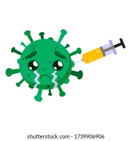 Green coronavirus with a vaccine. Сovid-19. Funny cartoon character with emotion. Sadness, tears, chagrin. Vector illustration isolated on a white background.