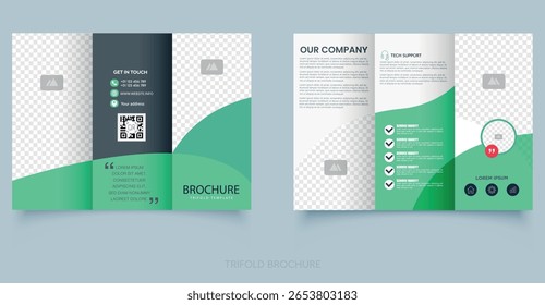 Modelo de brochura de três dobras empresariais Green. Design vetorial de brochura de três dobras moderno, criativo e profissional. Arquivo editável