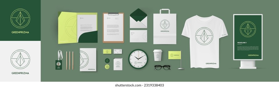 Grünes Corporate Design für ökologisches Unternehmen oder Kosmetikgeschäft. Premium-Branding-Vorlage mit minimalem Stillogo und Farbhintergrund.