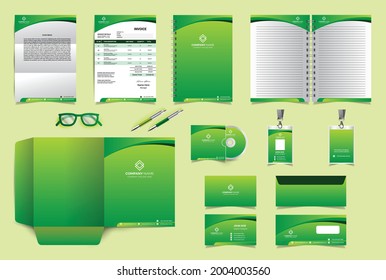 Green Corporate identity branding design template. Premium Stationery design set. Most popular Vector Template for business or finance company. Invoice, Folder, A4 letter, notebook, visiting card