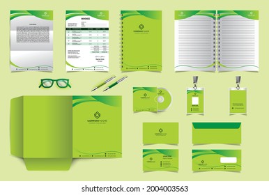 Green Corporate identity branding design template. Premium Stationery design set. Most popular Vector Template for business or finance company. Invoice, Folder, A4 letter, notebook, visiting card