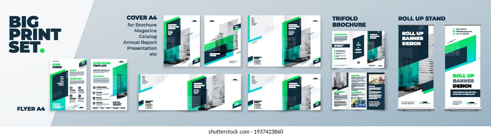 Green Corporate Identity Print Template Set of Brochure cover, flyer, tri fold, report, catalog, roll up banner. Branding design in Biege colors. Business stationery background design collection