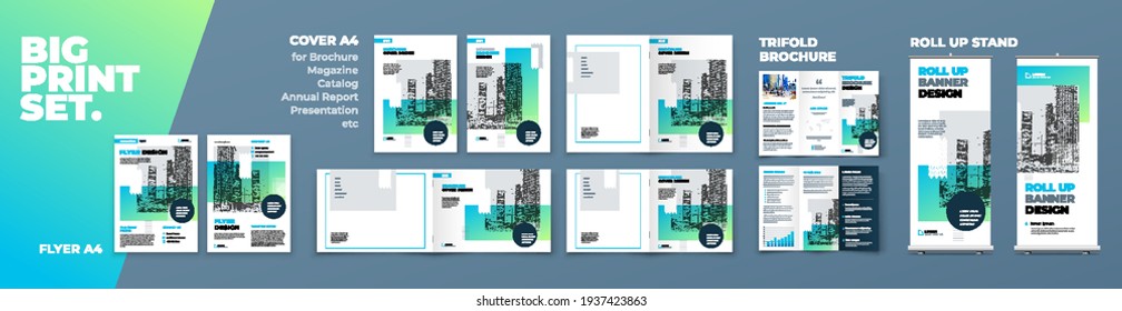 Green Corporate Identity Print Template Set of Brochure cover, flyer, tri fold, report, catalog, roll up banner. Branding design in Biege colors. Business stationery background design collection