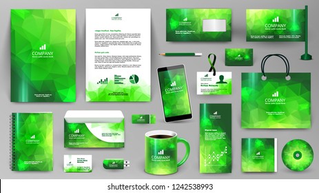 Green corporate identity promotional set. Professional branding design template.  Business stationery mock-up. Folder, letter, cover, broshure, letterhead, coffee cup, business card, bag, badge