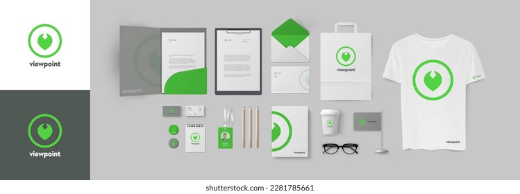 Green corporate identity starter pack with eye and location sign logo. Vector branding for modern company.