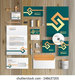 Green corporate identity template design with yellow geometric elements. Business stationery