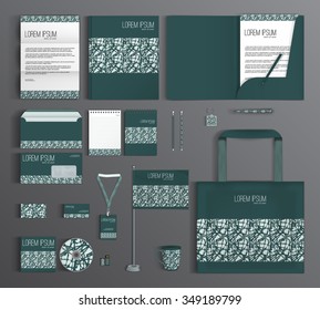 Green corporate identity template design with abstract pattern. Business set stationery.