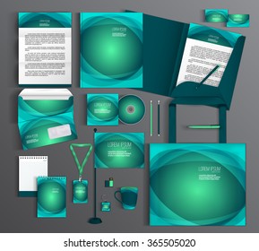 Green corporate identity template design with artistic, abstract wave effect . Business set stationery.