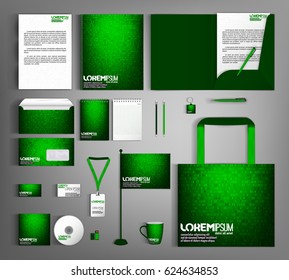 Green corporate identity template design with mathematical technological background. Business set stationery, brochure, card, letterhead, catalog, pennants. Suitable for brand advertising