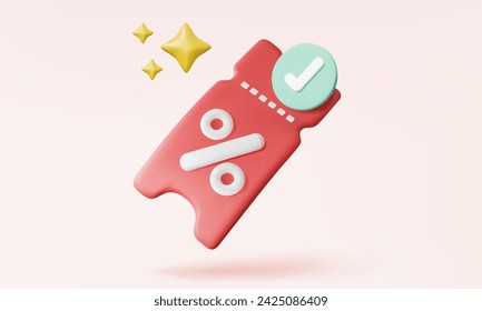 green correct mark coupon 3d vector icon promotion sale percentage discount floating on pink background. marketing profitable shopping online concept. cashback, purchase, sell. 3d render illustration