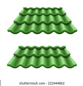 Green corrugated tile element of roof. Eps10 vector illustration. Isolated on white background