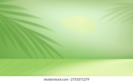 Green cosmetic background,Palm leaf shadow on green wall and floor stand podium.Studio scene,Nature light texture,abstract shadow leaves.Vector product display banner,Skincare branding,Spa beauty 