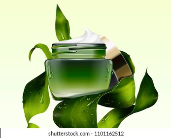 Green cosmetic cream jar mockup with seaweed in 3d illustration