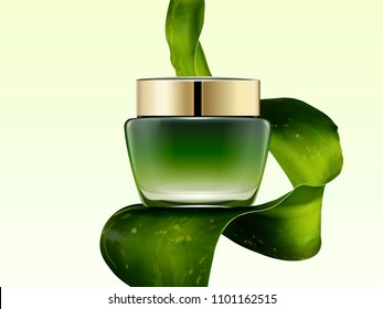 Green cosmetic cream jar mockup with seaweed in 3d illustration