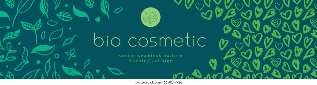 Green Cosmetic Pattern, Eco Cosmetics Concept For Bio Cosmetics Banner. Vector Icons Of Heart. Eco Friendly Seamless Background. Natural Pattern And Logo For Beauty Care Products. Label Tag Template.