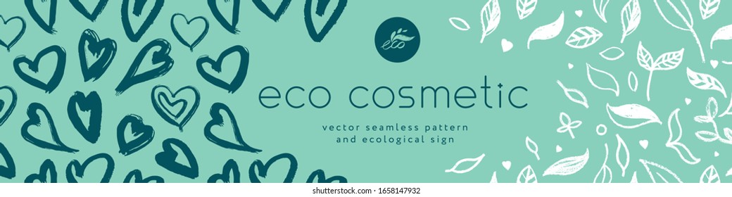 Green cosmetic pattern, eco cosmetics concept for bio cosmetics banner. Vector icons of heart. Eco friendly seamless background. Natural pattern and logo for beauty care products. Label tag template.