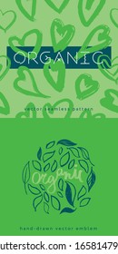Patrón cosmético verde, concepto ecocosmético para banner biocosmético. Íconos vectores del corazón. El ambiente es agradable y agradable. Patrón natural y logo para productos de belleza. Plantilla de etiqueta de etiqueta.