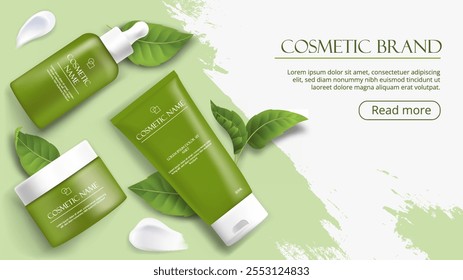 Cartaz cosmético verde. Produtos cosméticos. Cremes e loções, hidratante. Mock-up de frascos verdes, tubos e pacote. Design de página da Web de aterrissagem. Ilustração de vetor realista