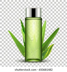 green cosmetic product contained in cosmetic bottle, with aloe vera leaves, isolated transparent background 3d illustration