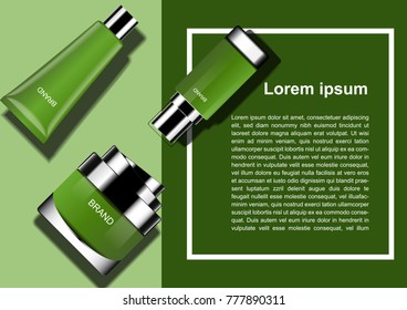 Green cosmetic products on two tone background