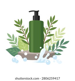 Green cosmetic pump bottle displayed on a natural stone podium surrounded by green botanical leaves and water splashes