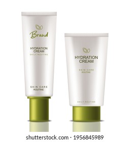 Green cosmetics products Vector realistic. Product placement mock up bottles. Packaging design label lotions 