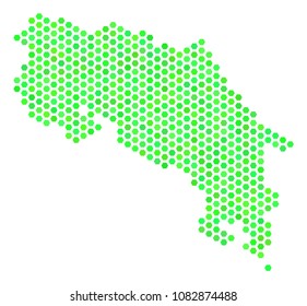 Green Costa Rica map. Vector hex tile geographic plan drawn with green color tones. Abstract Costa Rica map mosaic is made with hexagon blots.