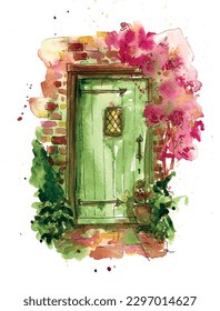 Puerta de cabaña verde, pared de ladrillo, flor rosa. Ilustración de esbozo de acuarela. Vector aislado.