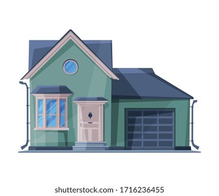 Green Cottage Facade, Residential House Building, Country Real Estate Flat Vector Illustration