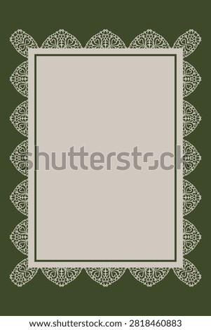 Green cottagecore lace border frames beige blank space with floral ornament