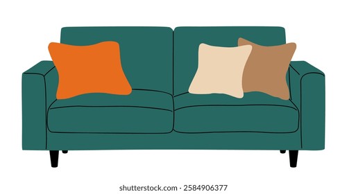 A green couch with orange pillows on it. The couch is empty and the pillows are arranged in a way that makes it look inviting and comfortable